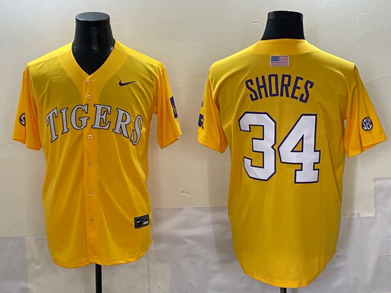 Men 2025 LSU Tigers 34 Shores Yellow Nike Joint Name Nike NCAA Jersey style 1